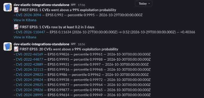 Slack alert for rising EPSS score in the FIRST EPSS data stream