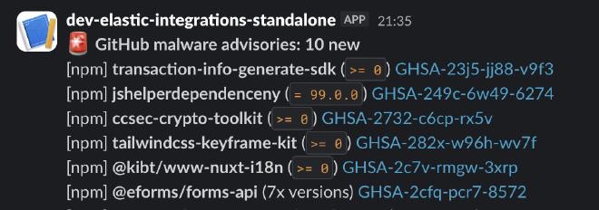 Slack alert for new malware in the GitHub Security Advisories malware database